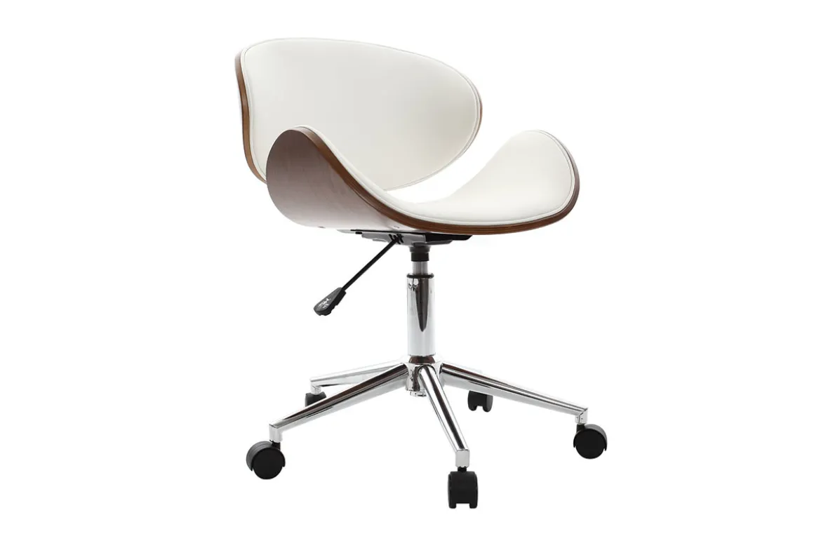 Chaise de bureau à roulettes design blanc, bois foncé noyer et acier chromé WALNUT