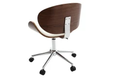 Chaise de bureau à roulettes design blanc, bois foncé noyer et acier chromé WALNUT