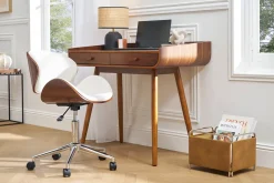 Chaise de bureau à roulettes design blanc, bois foncé noyer et acier chromé WALNUT