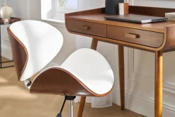 Chaise de bureau à roulettes design blanc, bois foncé noyer et acier chromé WALNUT