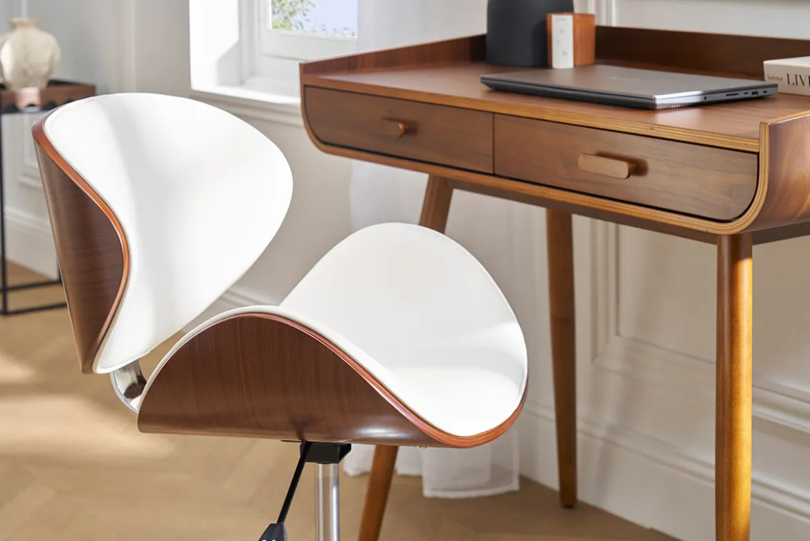 Chaise de bureau à roulettes design blanc, bois foncé noyer et acier chromé WALNUT