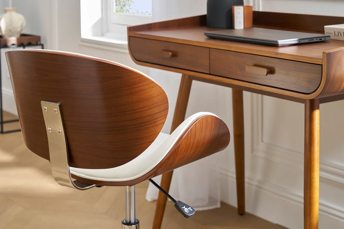 Chaise de bureau à roulettes design blanc, bois foncé noyer et acier chromé WALNUT