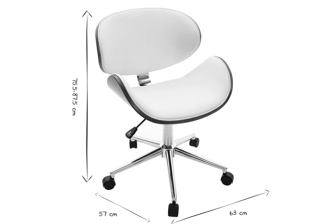 Chaise de bureau à roulettes design blanc, bois foncé noyer et acier chromé WALNUT