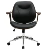 Chaise de bureau à roulettes design noir, bois foncé noyer et acier chromé YORKE