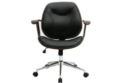 Chaise de bureau à roulettes design noir, bois foncé noyer et acier chromé YORKE