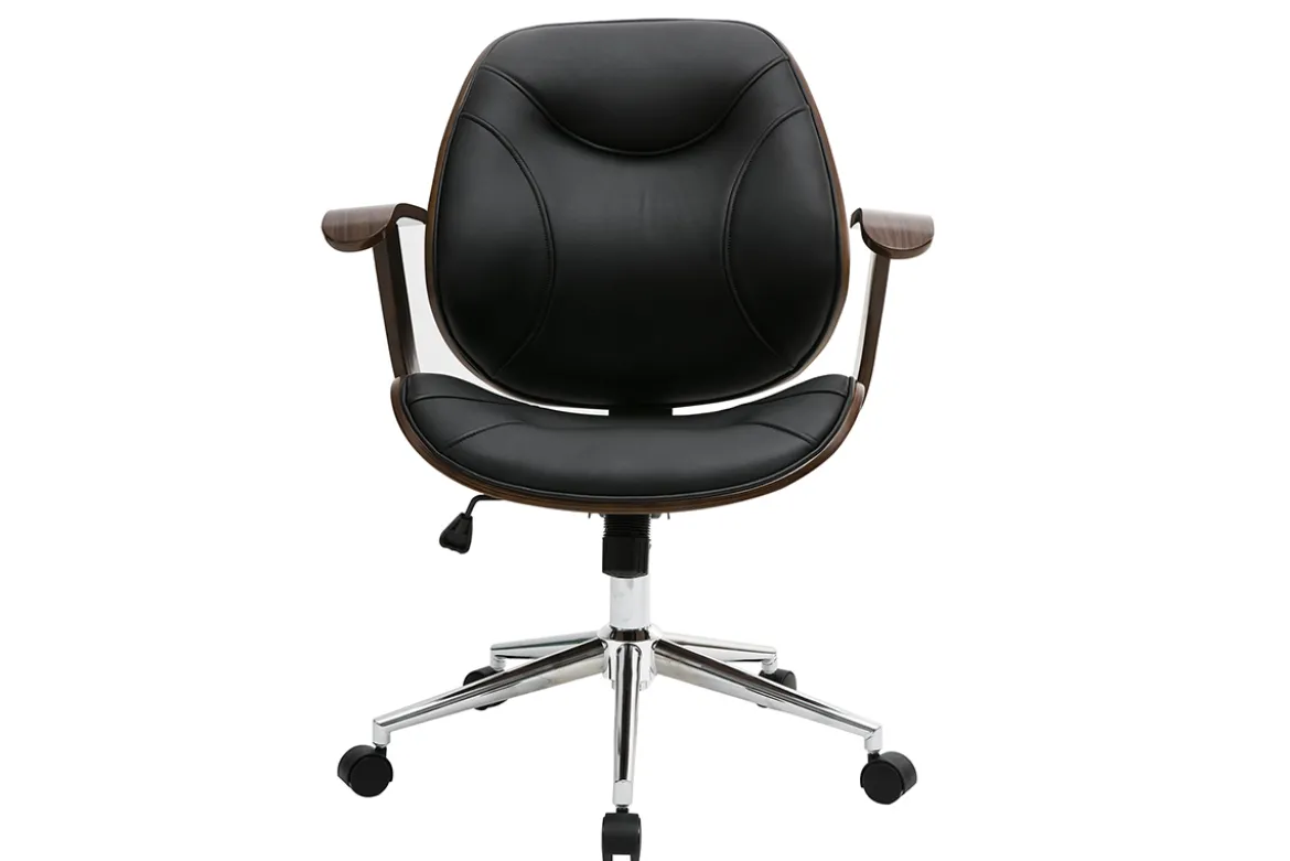 Chaise de bureau à roulettes design noir, bois foncé noyer et acier chromé YORKE