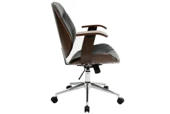 Chaise de bureau à roulettes design noir, bois foncé noyer et acier chromé YORKE