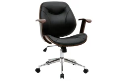 Chaise de bureau à roulettes design noir, bois foncé noyer et acier chromé YORKE