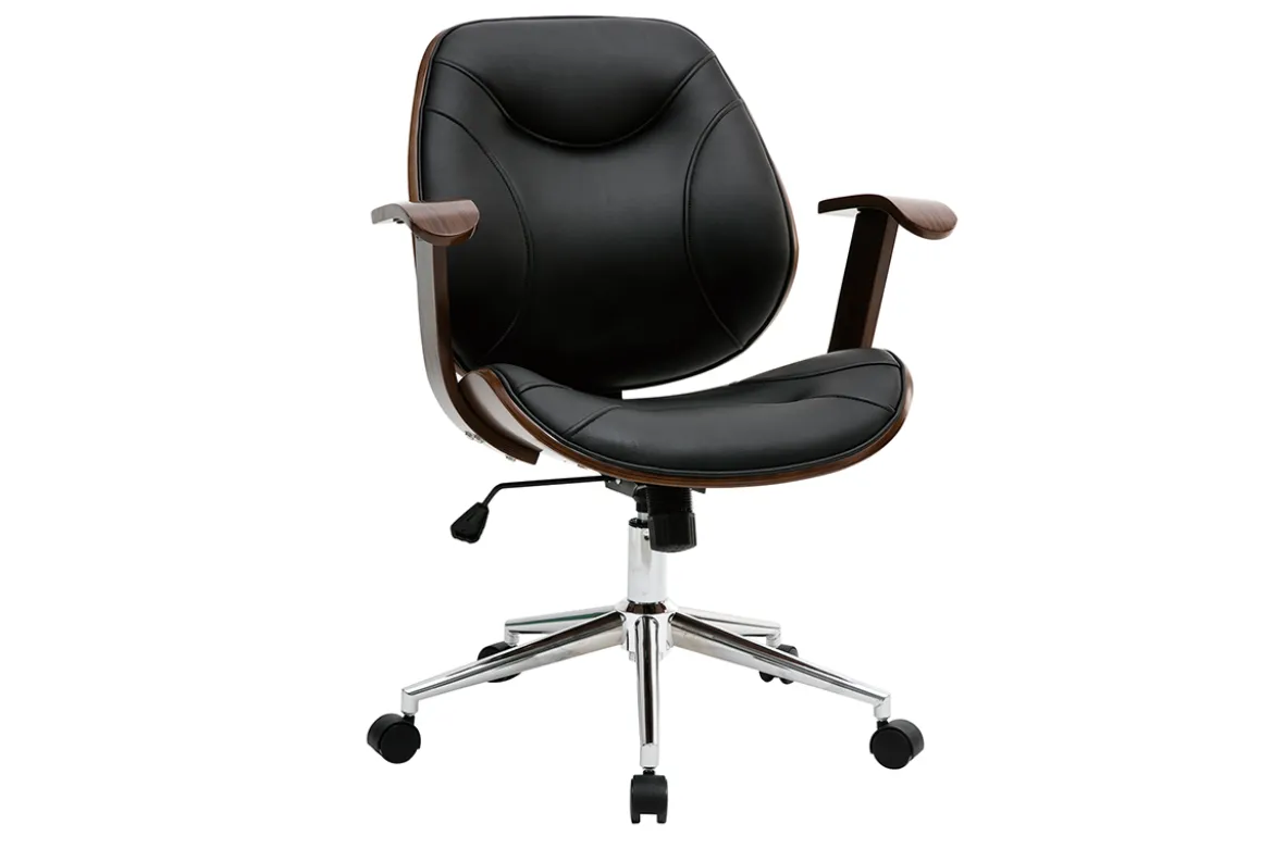 Chaise de bureau à roulettes design noir, bois foncé noyer et acier chromé YORKE