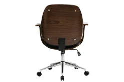 Chaise de bureau à roulettes design noir, bois foncé noyer et acier chromé YORKE