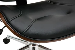 Chaise de bureau à roulettes design noir, bois foncé noyer et acier chromé YORKE