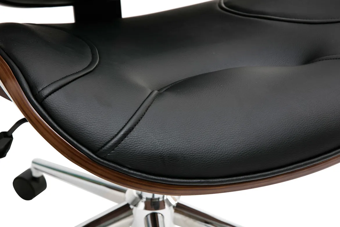 Chaise de bureau à roulettes design noir, bois foncé noyer et acier chromé YORKE