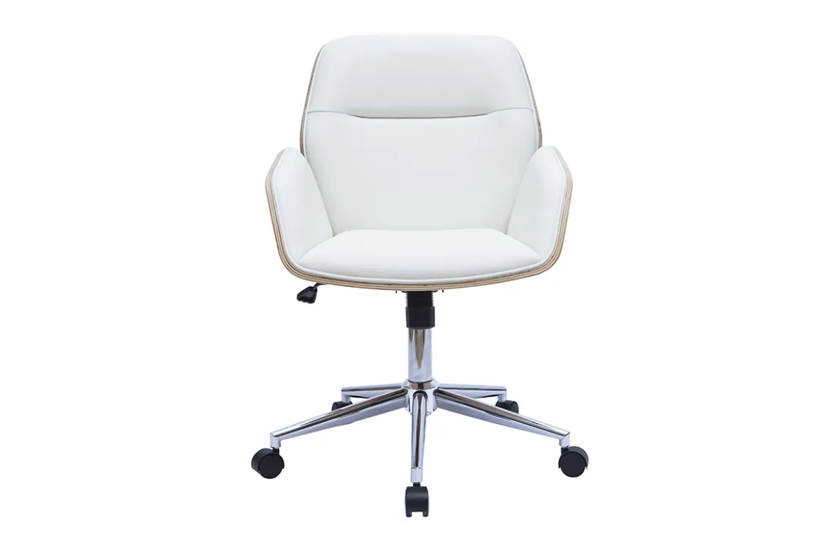 Chaise de bureau à roulettes design blanc, bois clair et acier chromé MARLOW