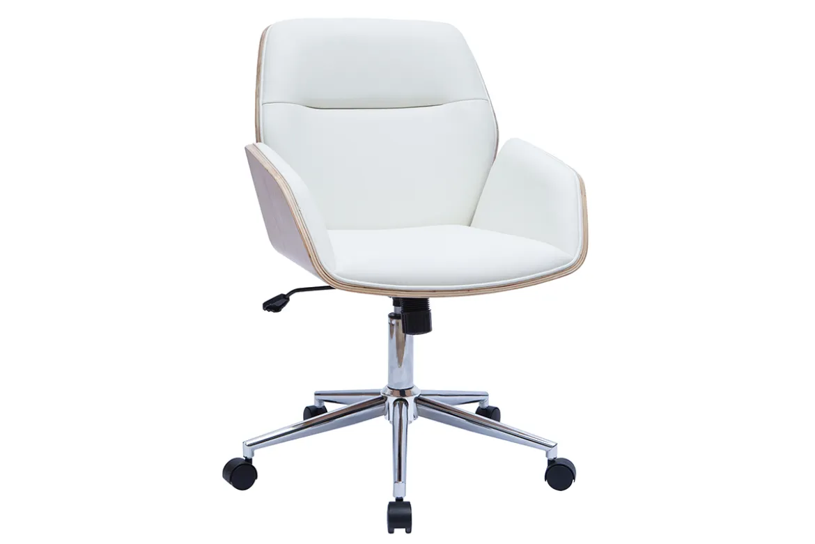 Chaise de bureau à roulettes design blanc, bois clair et acier chromé MARLOW