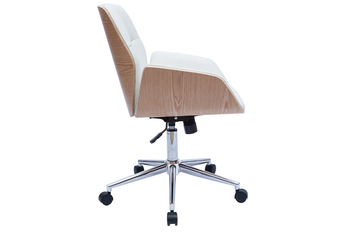 Chaise de bureau à roulettes design blanc, bois clair et acier chromé MARLOW