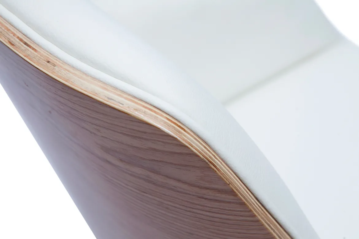 Chaise de bureau à roulettes design blanc, bois clair et acier chromé MARLOW