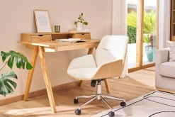 Chaise de bureau à roulettes design blanc, bois clair et acier chromé MARLOW