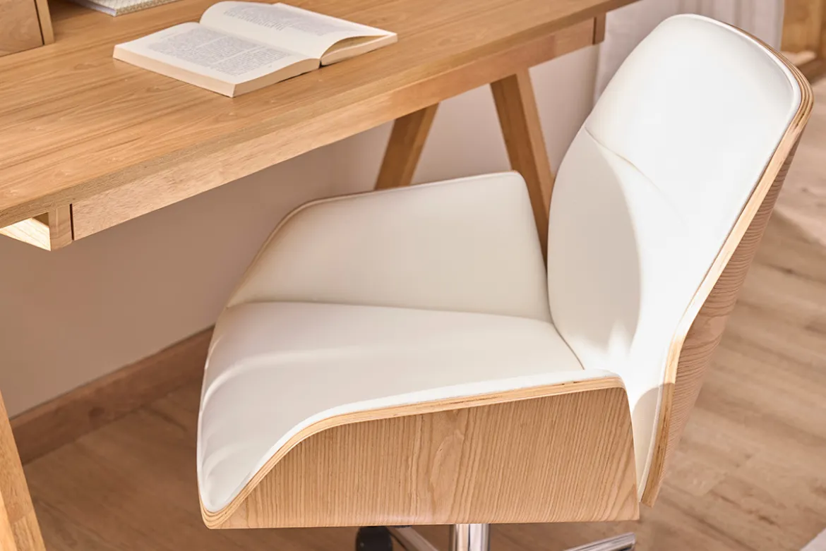 Chaise de bureau à roulettes design blanc, bois clair et acier chromé MARLOW