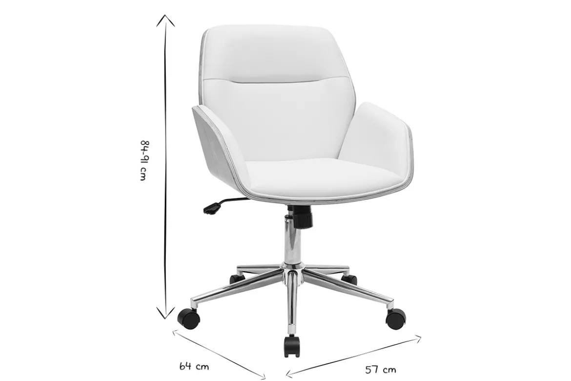 Chaise de bureau à roulettes design blanc, bois clair et acier chromé MARLOW