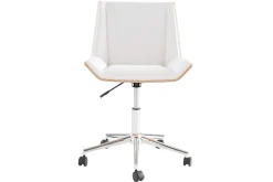 Chaise de bureau à roulettes design blanc, bois clair et acier chromé MELKIOR