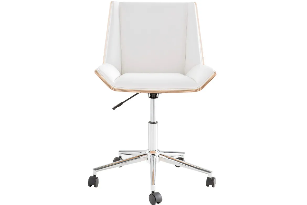 Chaise de bureau à roulettes design blanc, bois clair et acier chromé MELKIOR