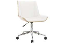 Chaise de bureau à roulettes design blanc, bois clair et acier chromé MELKIOR