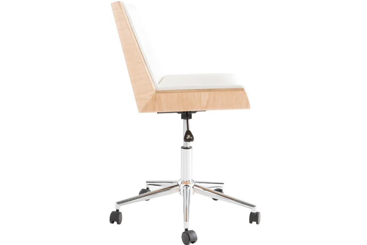 Chaise de bureau à roulettes design blanc, bois clair et acier chromé MELKIOR