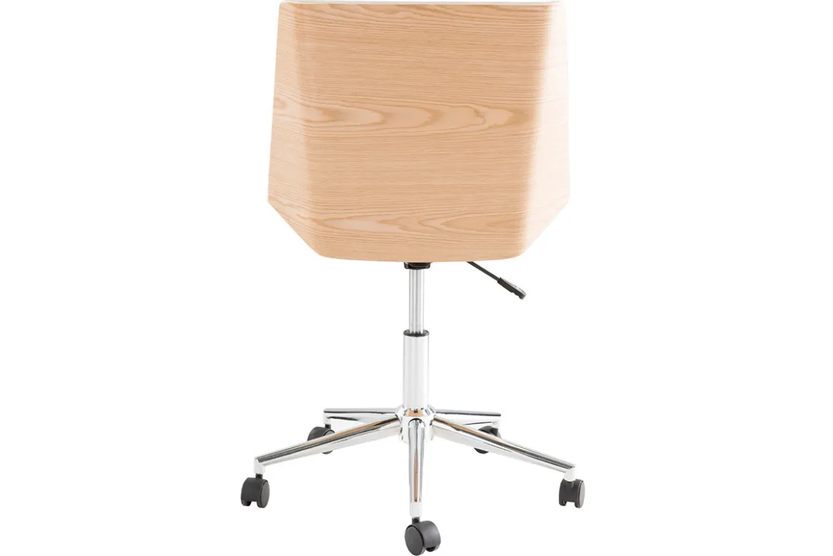 Chaise de bureau à roulettes design blanc, bois clair et acier chromé MELKIOR