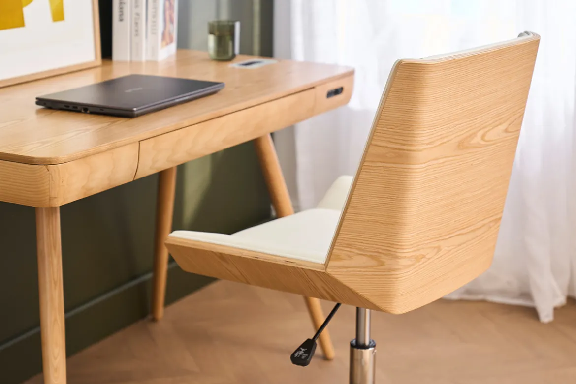Chaise de bureau à roulettes design blanc, bois clair et acier chromé MELKIOR