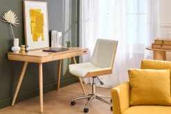 Chaise de bureau à roulettes design blanc, bois clair et acier chromé MELKIOR