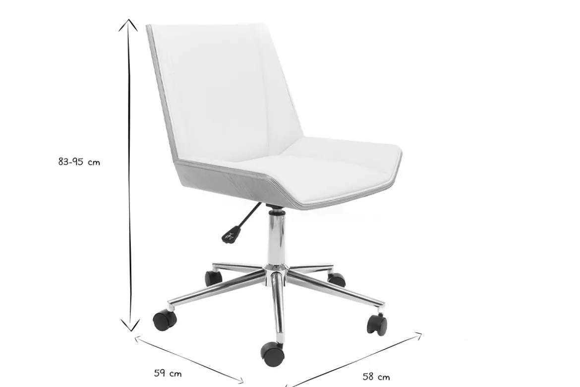 Chaise de bureau à roulettes design blanc, bois clair et acier chromé MELKIOR