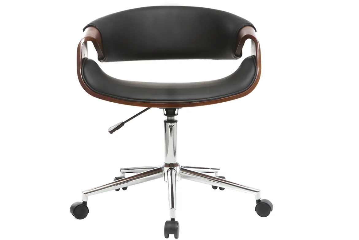 Chaise de bureau à roulettes design noir bois foncé noyer et acier chromé ARAMIS