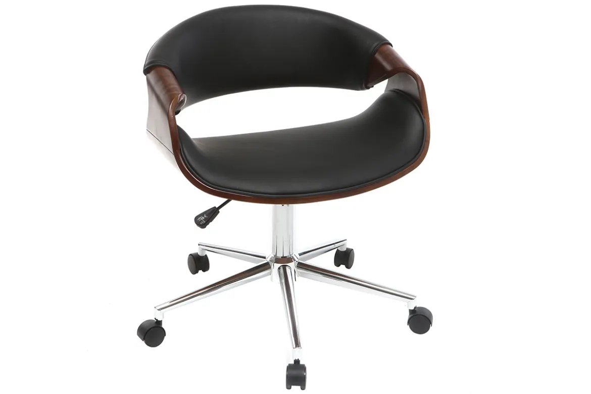 Chaise de bureau à roulettes design noir bois foncé noyer et acier chromé ARAMIS
