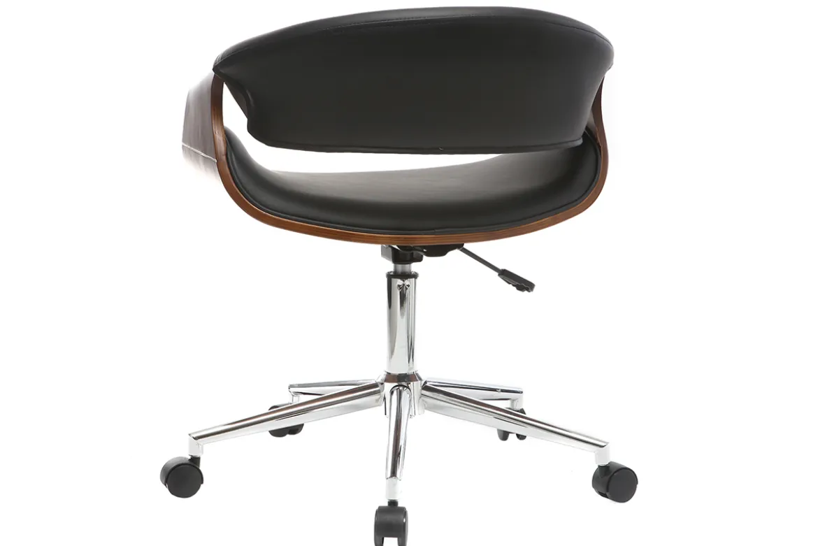 Chaise de bureau à roulettes design noir bois foncé noyer et acier chromé ARAMIS