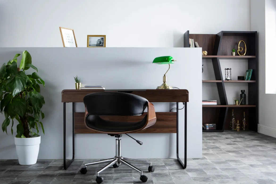 Chaise de bureau à roulettes design noir bois foncé noyer et acier chromé ARAMIS