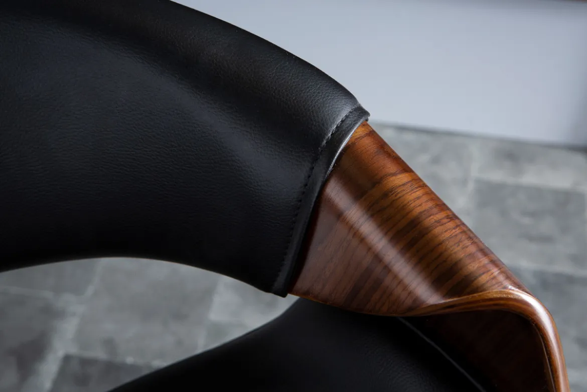 Chaise de bureau à roulettes design noir bois foncé noyer et acier chromé ARAMIS