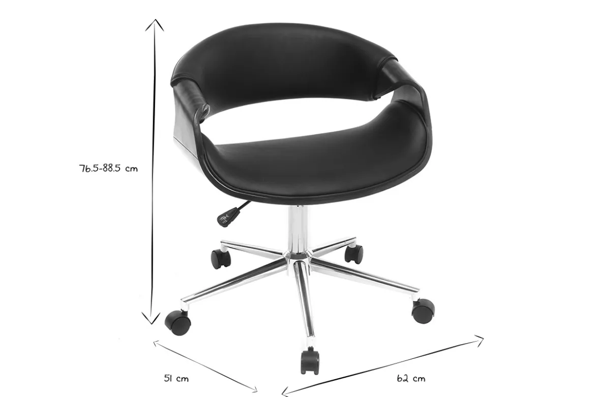 Chaise de bureau à roulettes design noir bois foncé noyer et acier chromé ARAMIS
