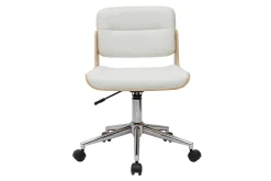 Chaise de bureau à roulettes design blanc, bois clair et acier chromé ARAMON