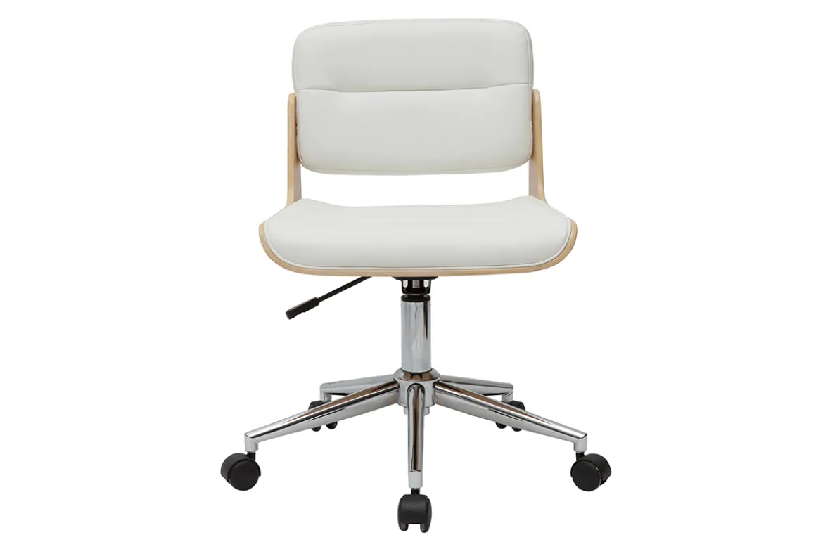 Chaise de bureau à roulettes design blanc, bois clair et acier chromé ARAMON