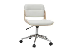 Chaise de bureau à roulettes design blanc, bois clair et acier chromé ARAMON