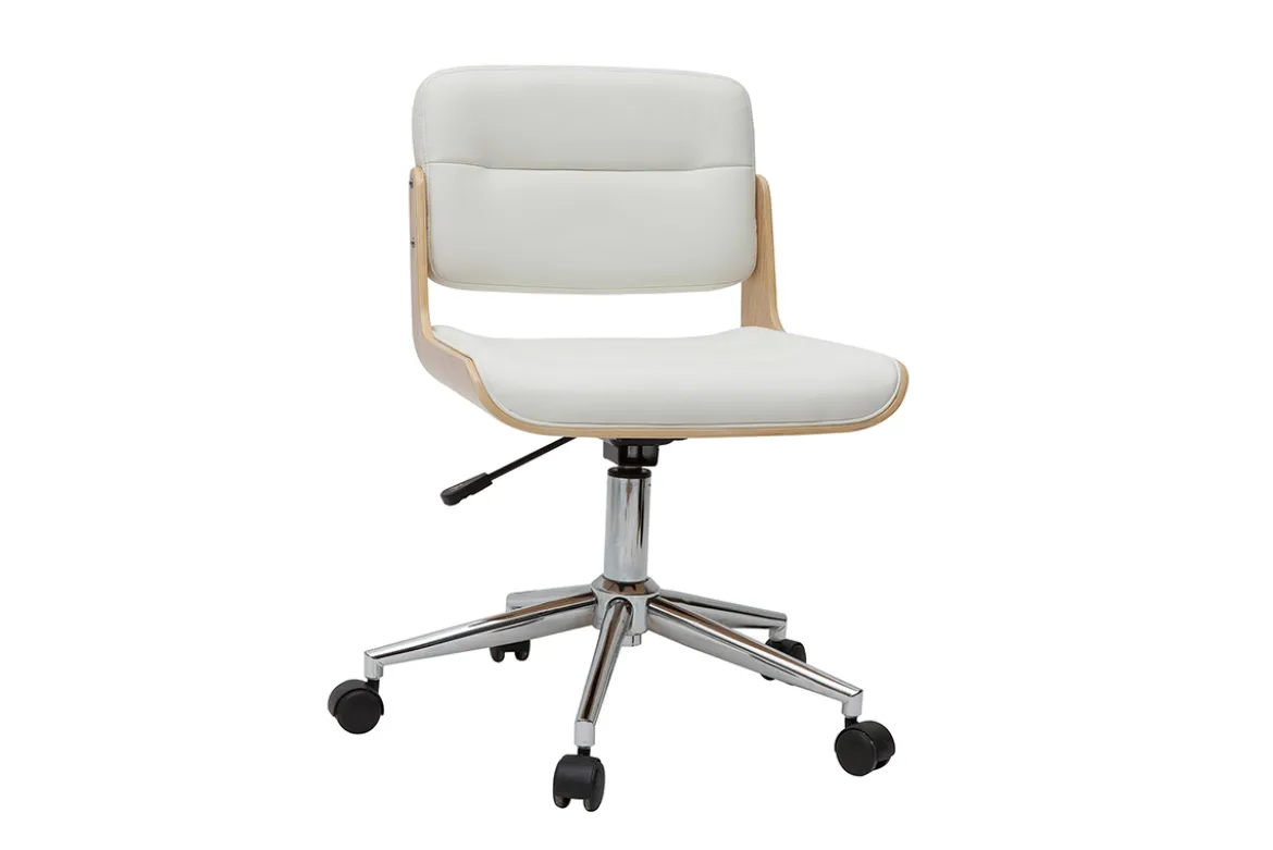 Chaise de bureau à roulettes design blanc, bois clair et acier chromé ARAMON