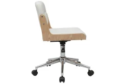 Chaise de bureau à roulettes design blanc, bois clair et acier chromé ARAMON