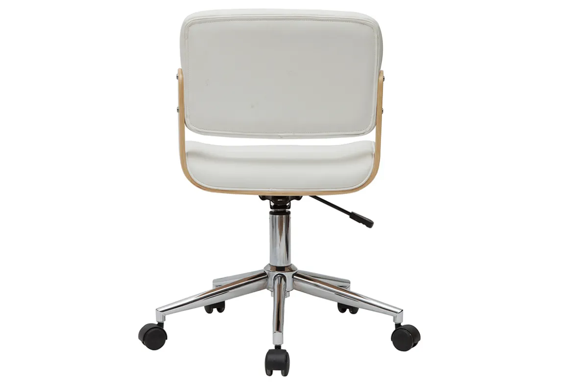 Chaise de bureau à roulettes design blanc, bois clair et acier chromé ARAMON