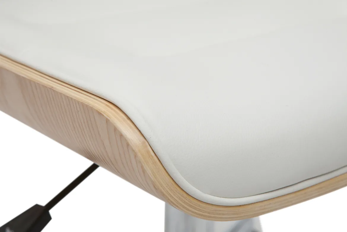 Chaise de bureau à roulettes design blanc, bois clair et acier chromé ARAMON