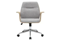 Chaise de bureau à roulettes design en tissu effet velours texturé gris, bois clair et acier chromé RUFIN