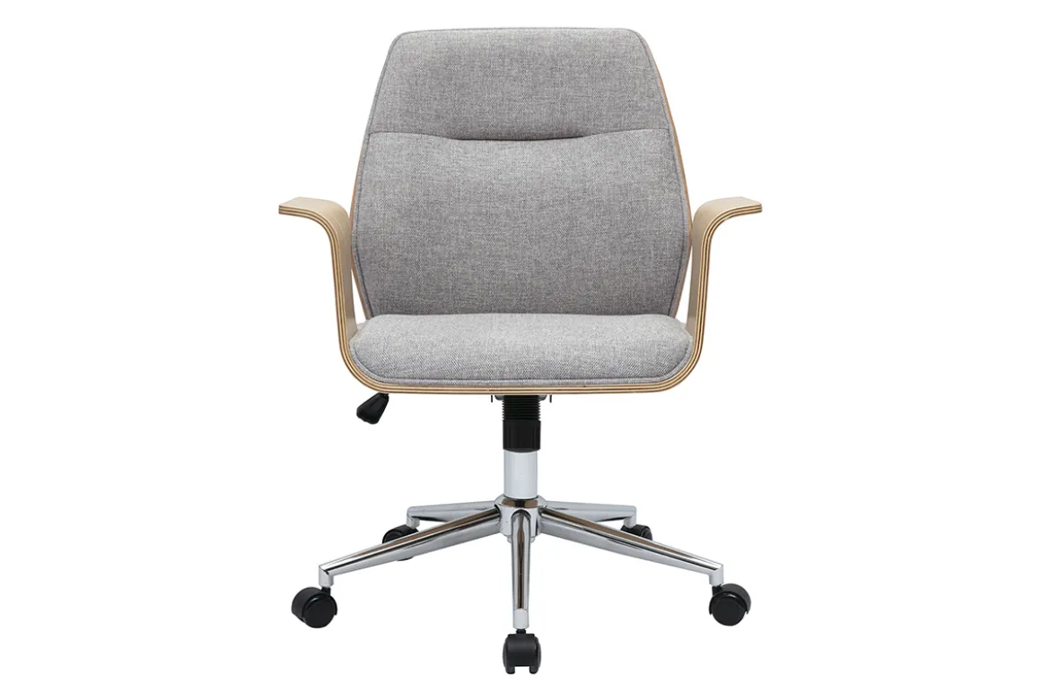 Chaise de bureau à roulettes design en tissu effet velours texturé gris, bois clair et acier chromé RUFIN