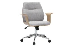 Chaise de bureau à roulettes design en tissu effet velours texturé gris, bois clair et acier chromé RUFIN