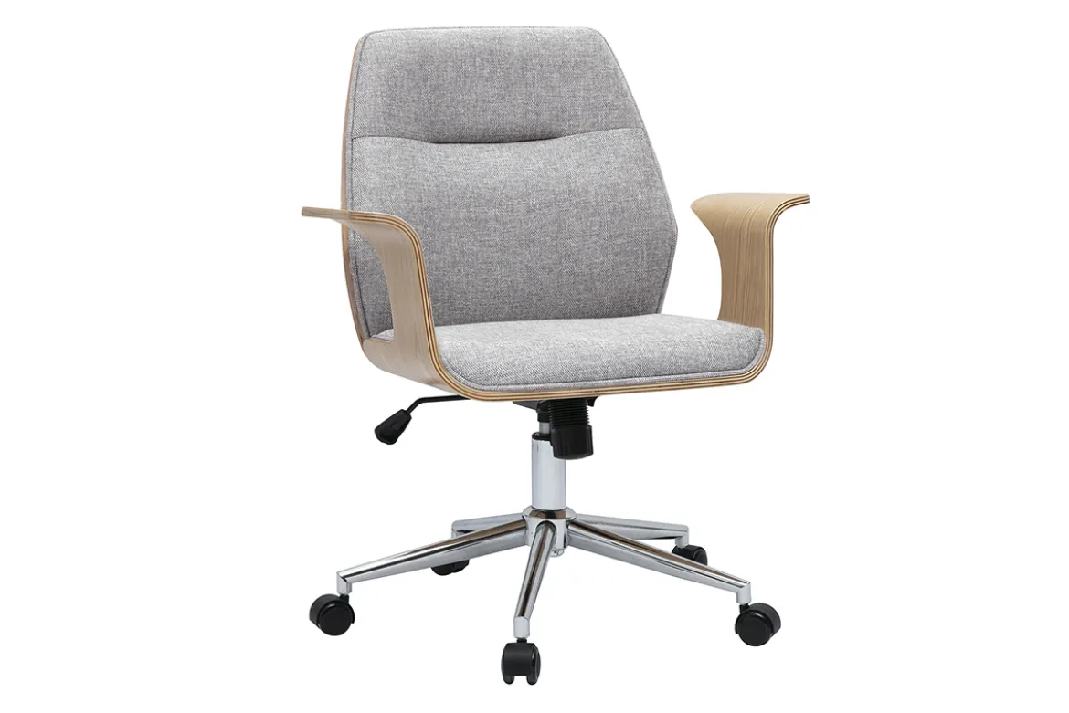 Chaise de bureau à roulettes design en tissu effet velours texturé gris, bois clair et acier chromé RUFIN
