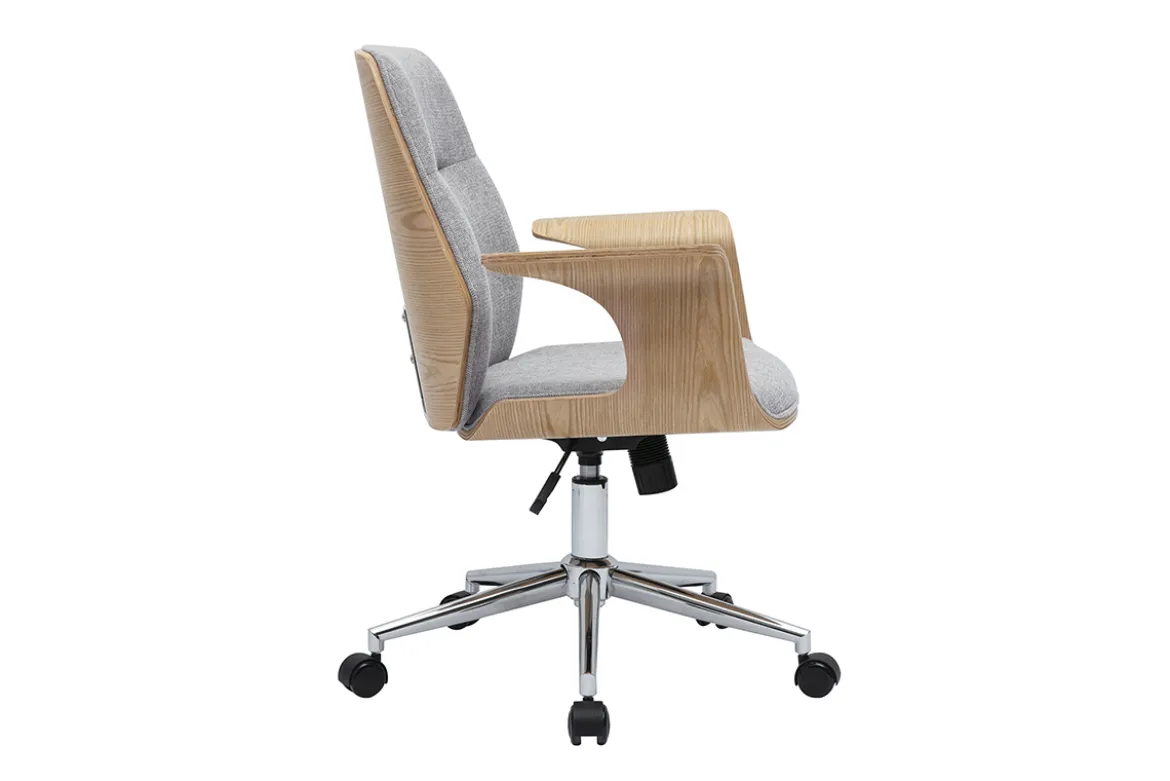 Chaise de bureau à roulettes design en tissu effet velours texturé gris, bois clair et acier chromé RUFIN