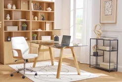 Chaise de bureau à roulettes design en tissu effet velours texturé gris, bois clair et acier chromé RUFIN